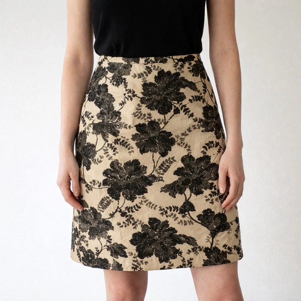 Ann Taylor 100% Silk Gold Black Floral Brocade Mini Skirt Evening‎ Party 4